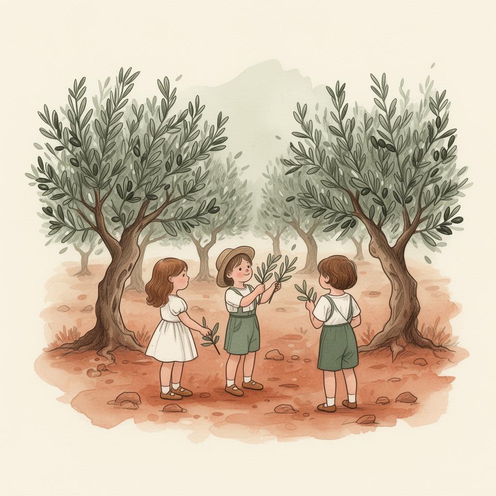 Illustrazione di bambini in un uliveto pugliese